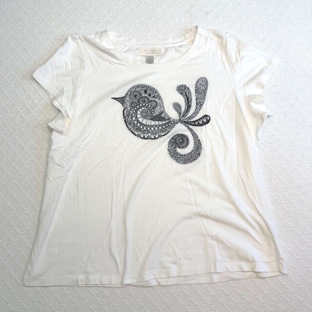 Michael Simon for CJ Banks Womens White Embroidered Bird Cotton Tee 1X